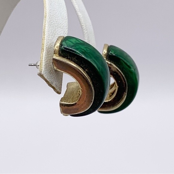 Green faux stone and gold tone chunky half hoop earrings - Picture 9 of 11